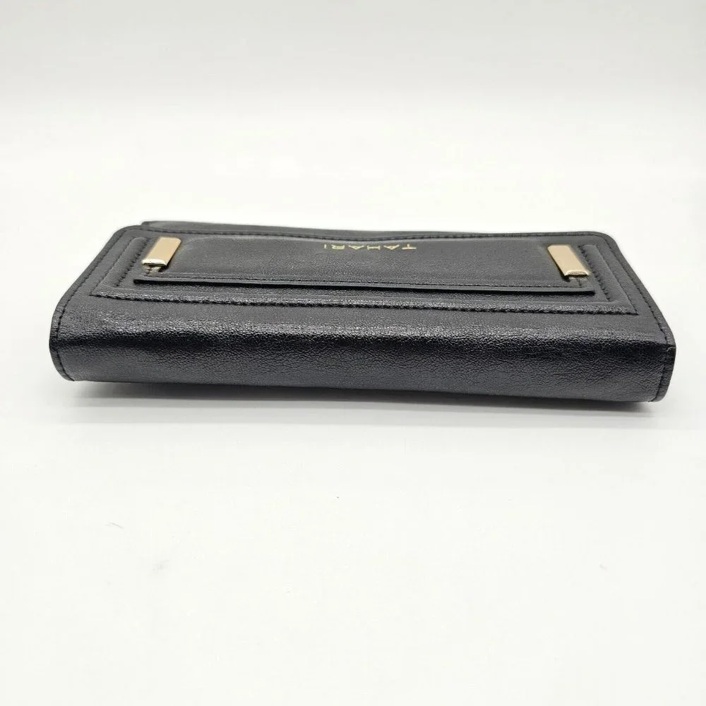 Tahari Tri Fold Wallet Black Faux Leather Credit Card Slots Vintage Snap Button